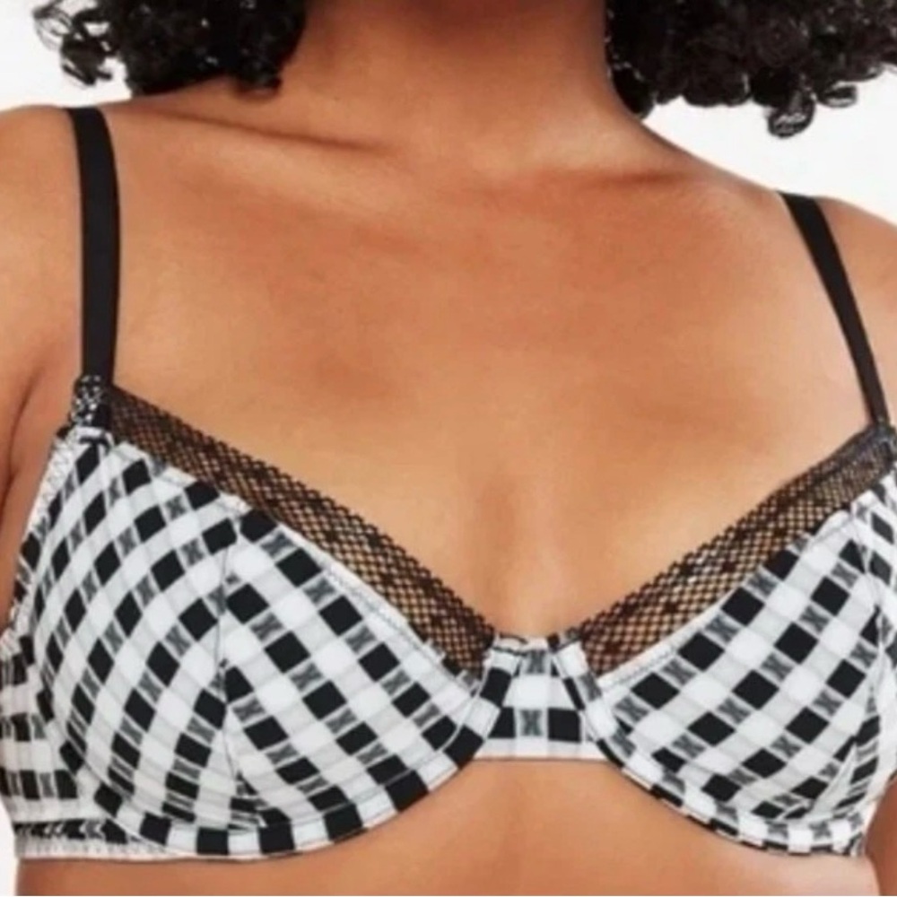 Savage X Fenty Gingham Unlined Plunge Bra Logo Check Print 36D